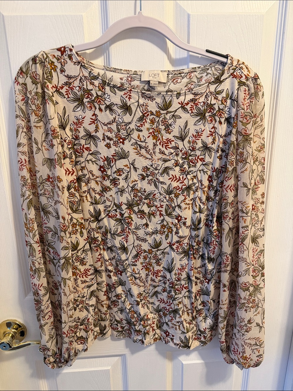 LOFT Cream Floral Long Sleeve Top with Green and Rust Print